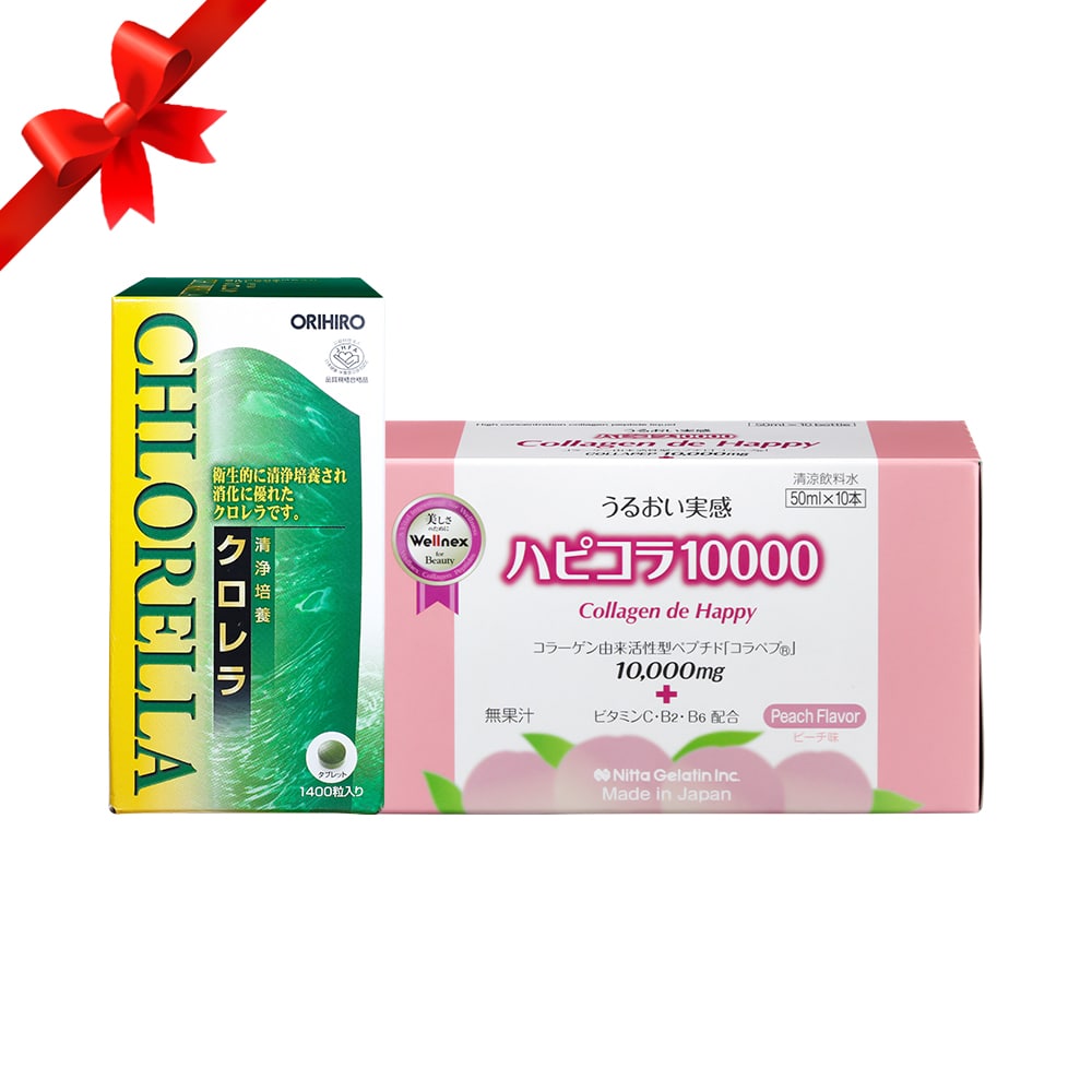 Bộ đôi duy trì năng lượng thanh xuân Collagen de Happy 10 chai và tảo lục Orihiro Clean Culture Chlorella 1400 viên