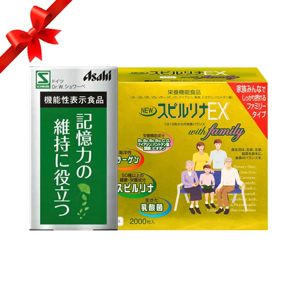 Bộ đôi chăm sóc não bộ toàn diện Asahi 180 viên và tảo vàng Spirulina Ex 2000 viên