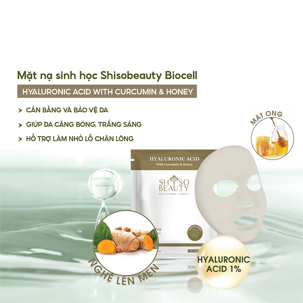 Mặt nạ sinh học tinh dầu nghệ và mật ong NPC Shsobeauty Biocell Mask Hyaluronic Acid With Curcumin & Honey 30g (Hộp 5 miếng)