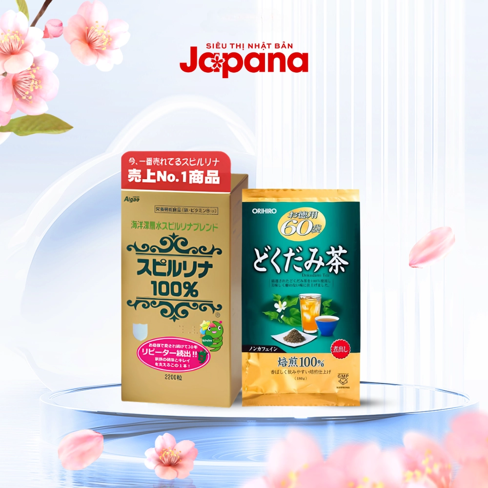Bộ đôi sức khỏe Tảo xoắn Spirulina tem đỏ và trà diếp cá thải độc Orihiro 60 gói