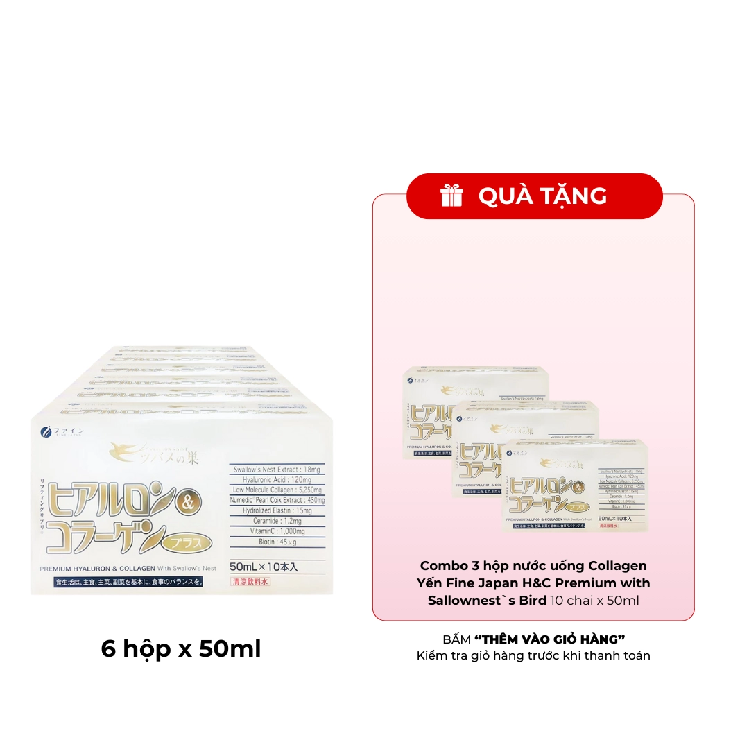 Combo 6 hộp Nước uống Collagen Yến Fine Japan H&C Premium with Sallownest`s Bird (Hộp 10 chai x 50ml)
