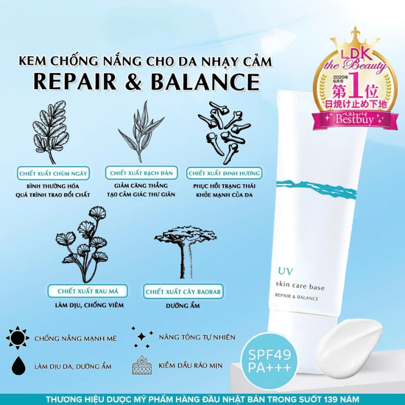 Kem chống nắng cho da nhạy cảm Meishoku Repair & Balance SPF49/PA+++ 40g