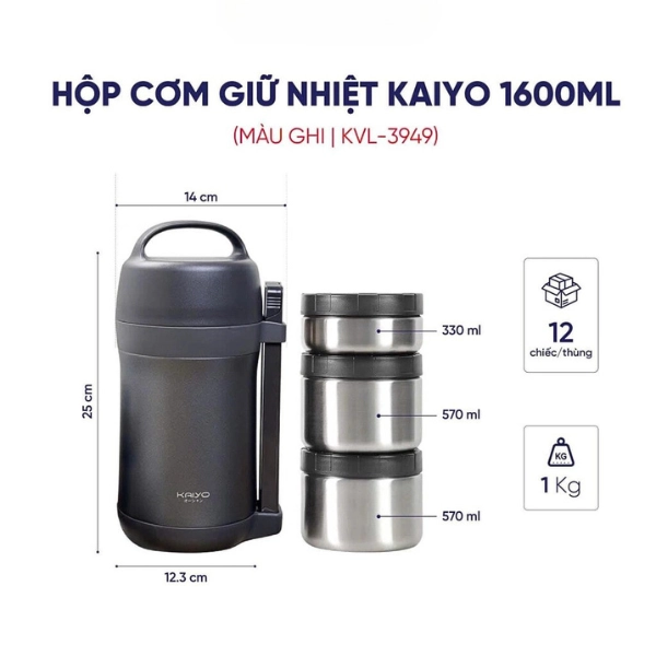 Hộp cơm giữ nhiệt Kaiyo 1600ml, màu ghi