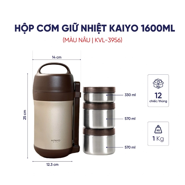Hộp cơm giữ nhiệt Kaiyo 1600ml, màu nâu