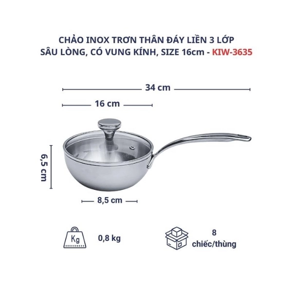 Chảo đúc Inox 3 lớp đáy liền sây lòng Tri-ply có vung kính Kaiyo