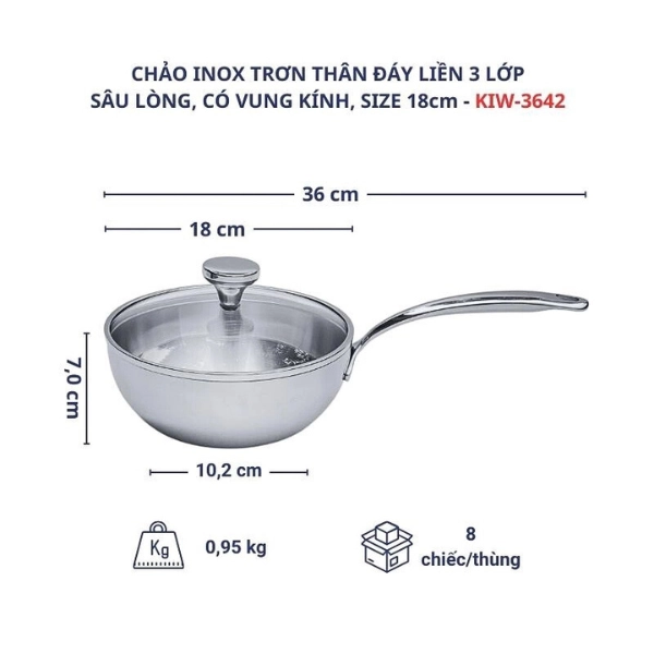 Chảo đúc Inox 3 lớp đáy liền sây lòng Tri-ply có vung kính Kaiyo
