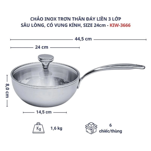 Chảo đúc Inox 3 lớp đáy liền sây lòng Tri-ply có vung kính Kaiyo