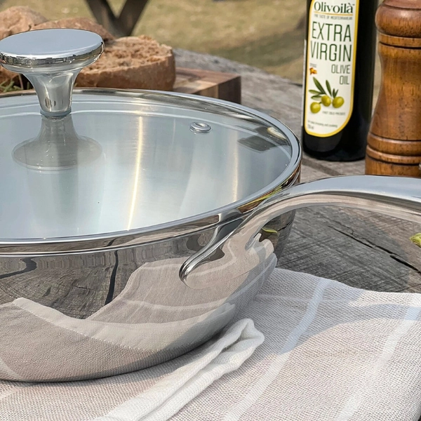 Chảo đúc Inox 3 lớp đáy liền sây lòng Tri-ply có vung kính Kaiyo