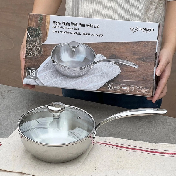 Chảo đúc Inox 3 lớp đáy liền sây lòng Tri-ply có vung kính Kaiyo
