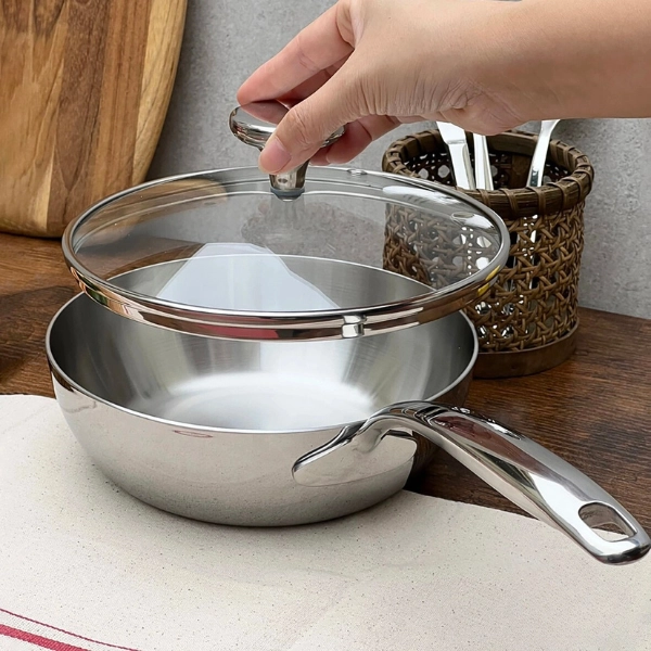 Chảo đúc Inox 3 lớp đáy liền sây lòng Tri-ply có vung kính Kaiyo
