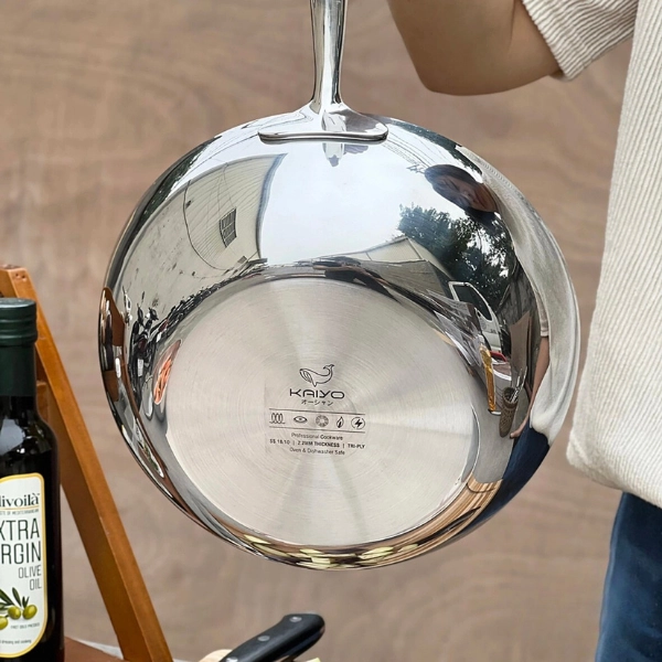 Chảo đúc Inox 3 lớp đáy liền sây lòng Tri-ply có vung kính Kaiyo