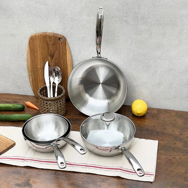 Chảo đúc Inox 3 lớp đáy liền sây lòng Tri-ply có vung kính Kaiyo