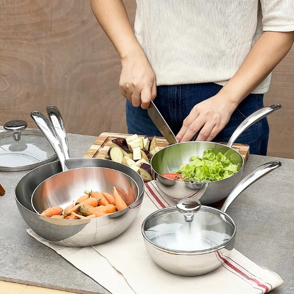 Chảo đúc Inox 3 lớp đáy liền sây lòng Tri-ply có vung kính Kaiyo