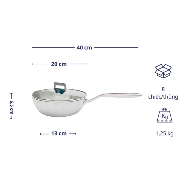 Chảo inox 316 liền khối 5-ply Premium Kaiyo -sâu lòng có vung kính