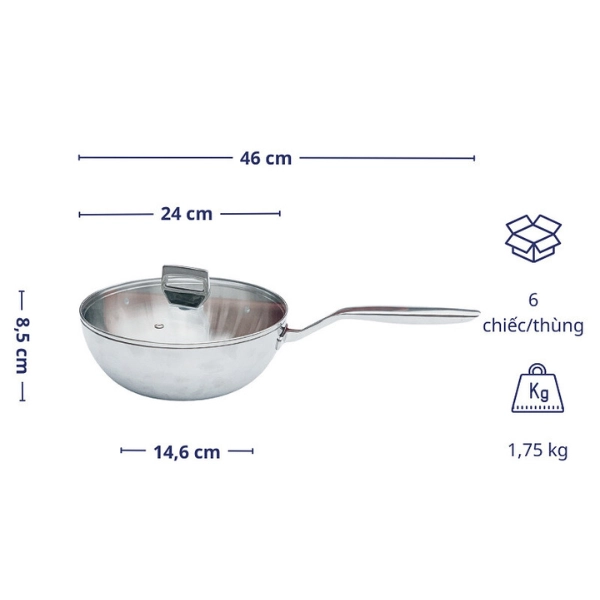 Chảo inox 316 liền khối 5-ply Premium Kaiyo -sâu lòng có vung kính