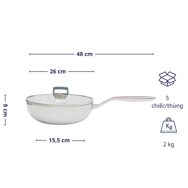 Chảo inox 316 liền khối 5-ply Premium Kaiyo -sâu lòng có vung kính