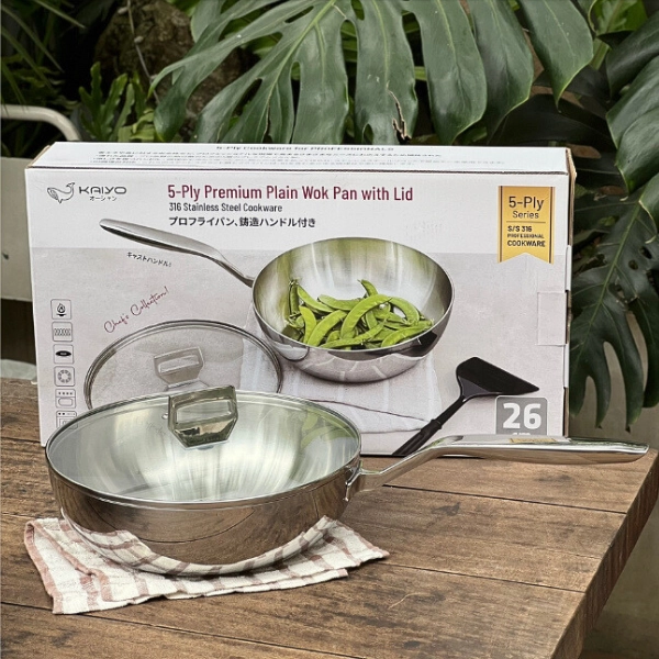 Chảo inox 316 liền khối 5-ply Premium Kaiyo -sâu lòng có vung kính