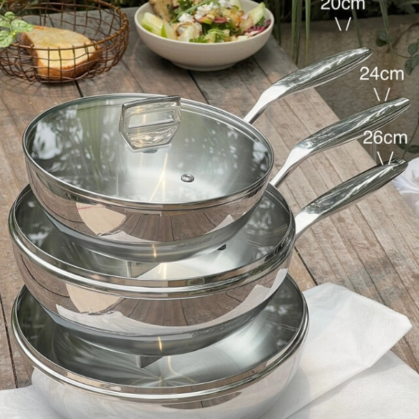 Chảo inox 316 liền khối 5-ply Premium Kaiyo -sâu lòng có vung kính
