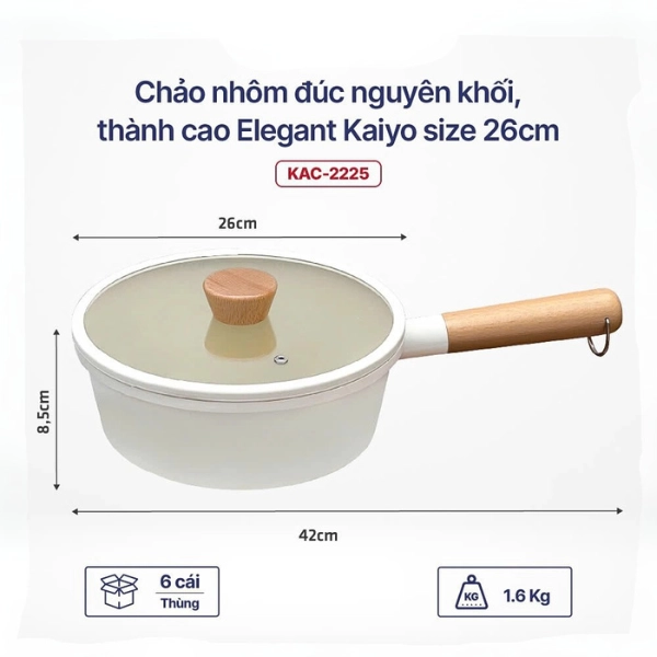 Chảo nhôm đúc nguyên khối, thành cao Elegant Kaiyo