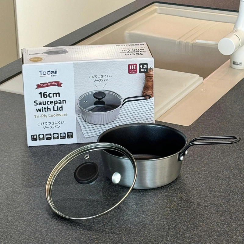 Quánh chống dính phủ inox 3 lớp liền đáy Tri-Ply Todaii - 16cm mini, nắp kính