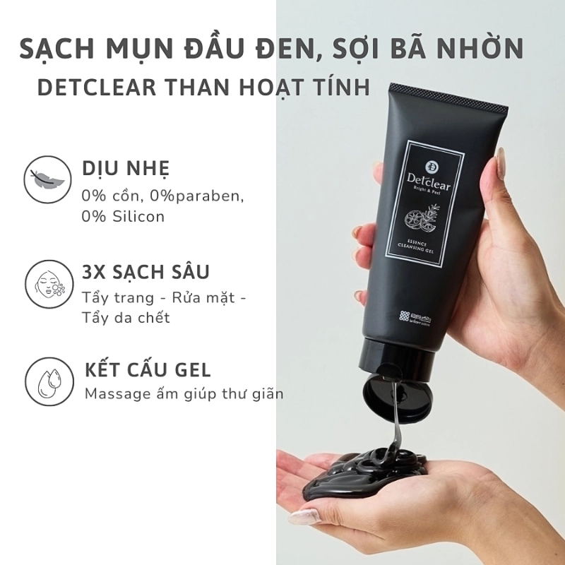 Gel làm sạch từ than và đất sét Meishoku Detclear Bright&Peel Essence Cleansing Gel (Charcoal Clay) 180G