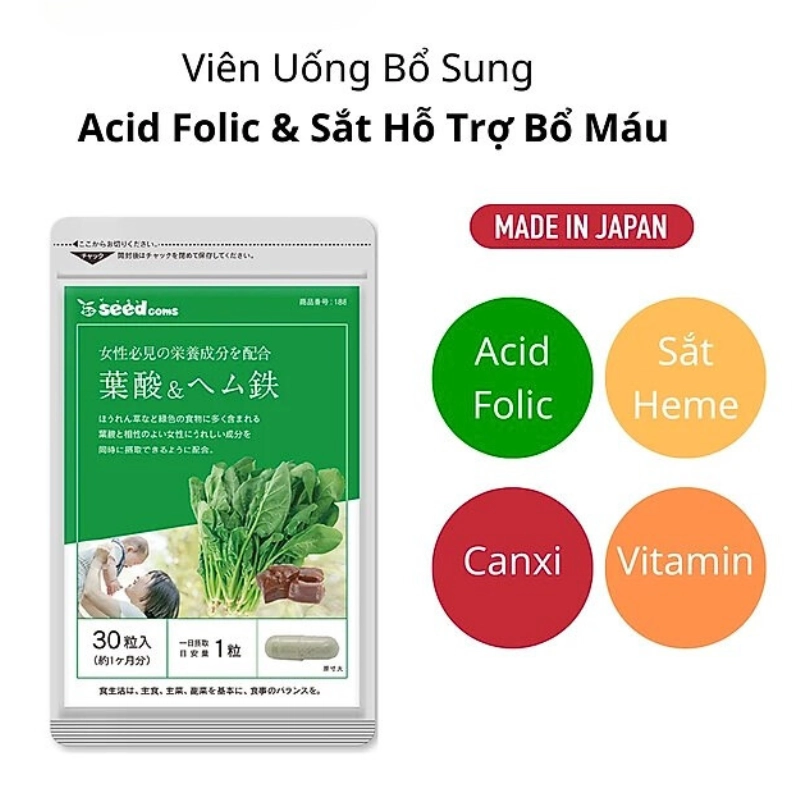 Viên uống bổ sung Acid Folic & Sắt Seedcoms 30 viên (30 ngày)