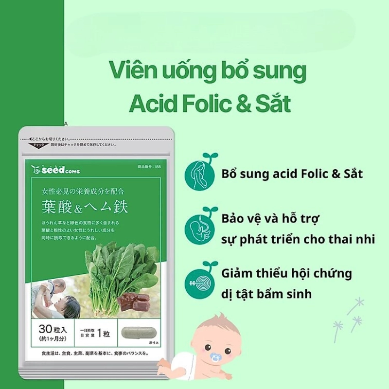 Viên uống bổ sung Acid Folic & Sắt Seedcoms 30 viên (30 ngày)