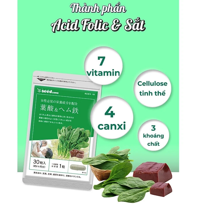 Viên uống bổ sung Acid Folic & Sắt Seedcoms 30 viên (30 ngày)