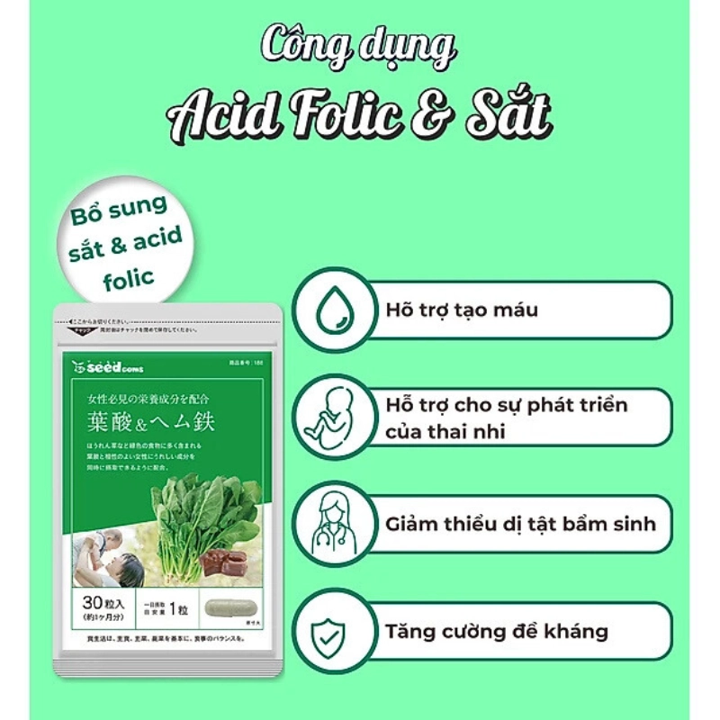 Viên uống bổ sung Acid Folic & Sắt Seedcoms 30 viên (30 ngày)