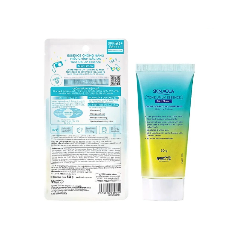 Kem chống nắng Rohto Skin Aqua Tone Up UV Essence SPF50+ PA++++ 80g dành cho da nhạy cảm ( xanh vàng )