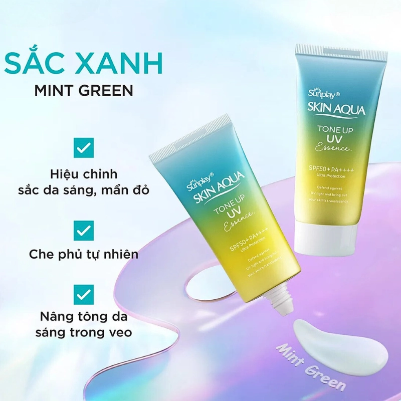 Kem chống nắng Rohto Skin Aqua Tone Up UV Essence SPF50+ PA++++ 80g dành cho da nhạy cảm ( xanh vàng )