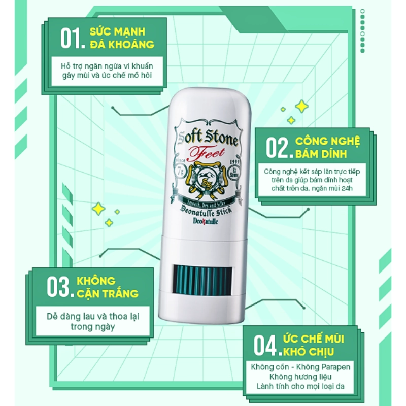 Lăn khử mùi đá khoáng dạng sáp kháng khuẩn giảm mồ hôi cho chân 7G Deonatulle Soft Stone for Feet