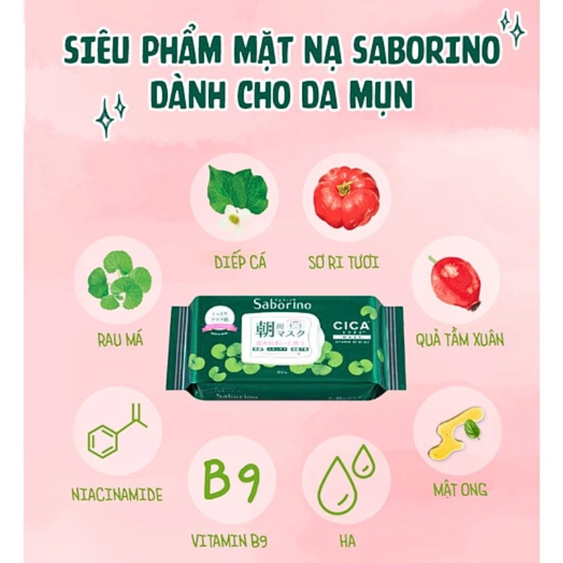 Mặt Nạ Tinh Chất Rau Má Dành Cho Da Mụn Saborino Morning Facial Sheet Cicacare 22 (28 miếng)