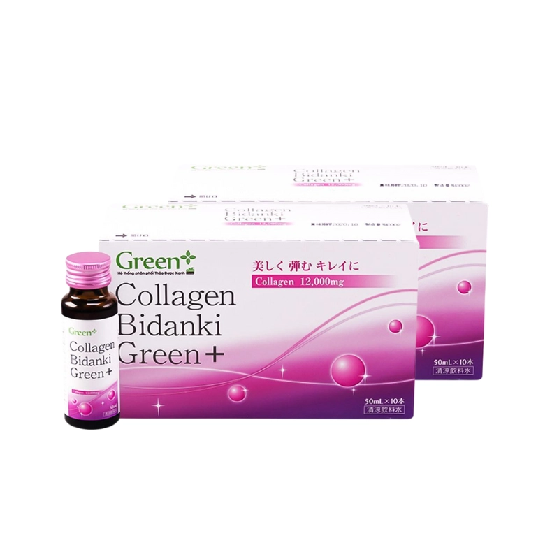 Combo 2 Nước uống Collagen Bidanki Green+ 12.000mg (Hộp 10 chai x 50ml)