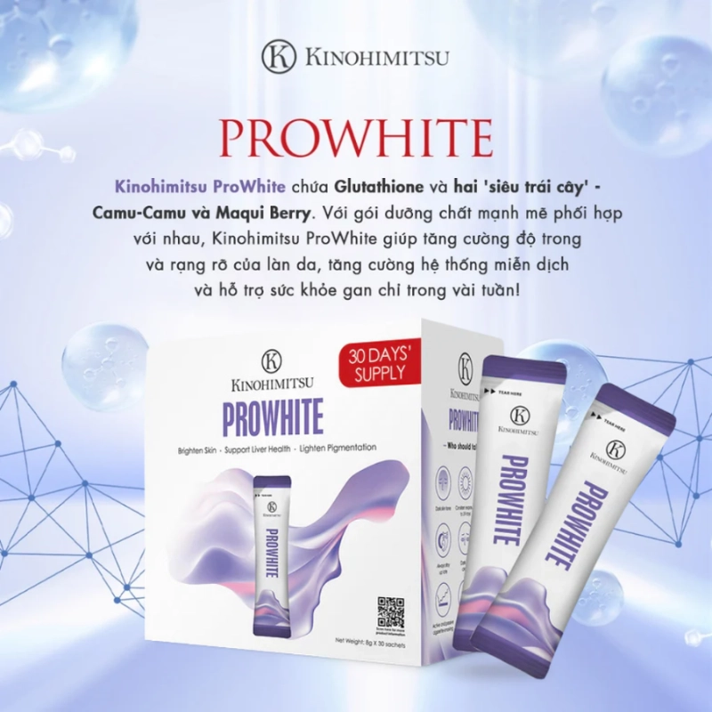 Bột uống trắng da, cải thiện đốm nâu, da xỉn màu Kinohimitsu Prowhite 8G