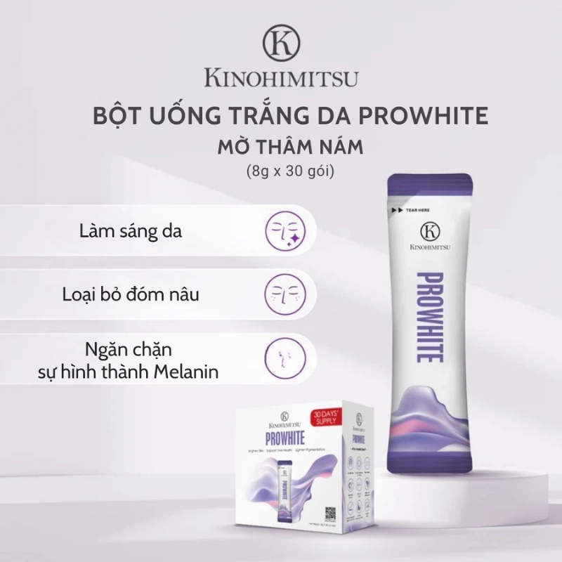 Bột uống trắng da, cải thiện đốm nâu, da xỉn màu Kinohimitsu Prowhite 8G