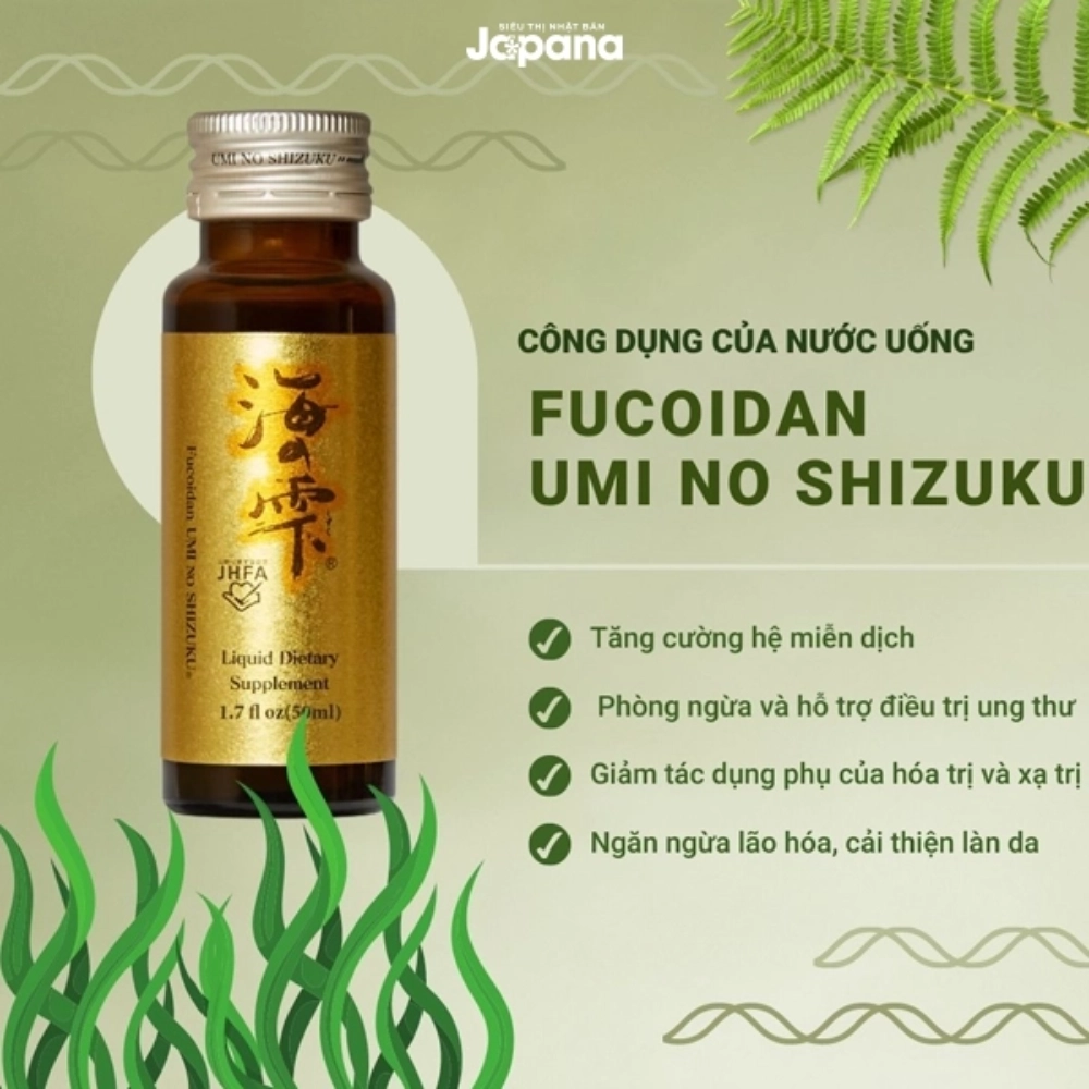 Nước uống dạng tảo, tăng cường đề kháng, ngăn ngừa ung thư Fucoidan Umi No Shizuku (3 hộp x 10 chai x 50ml)