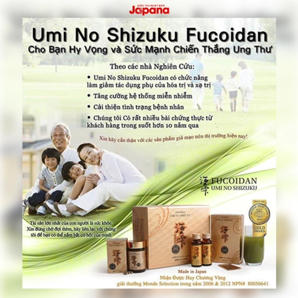 Nước uống dạng tảo, tăng cường đề kháng, ngăn ngừa ung thư Fucoidan Umi No Shizuku (3 hộp x 10 chai x 50ml)