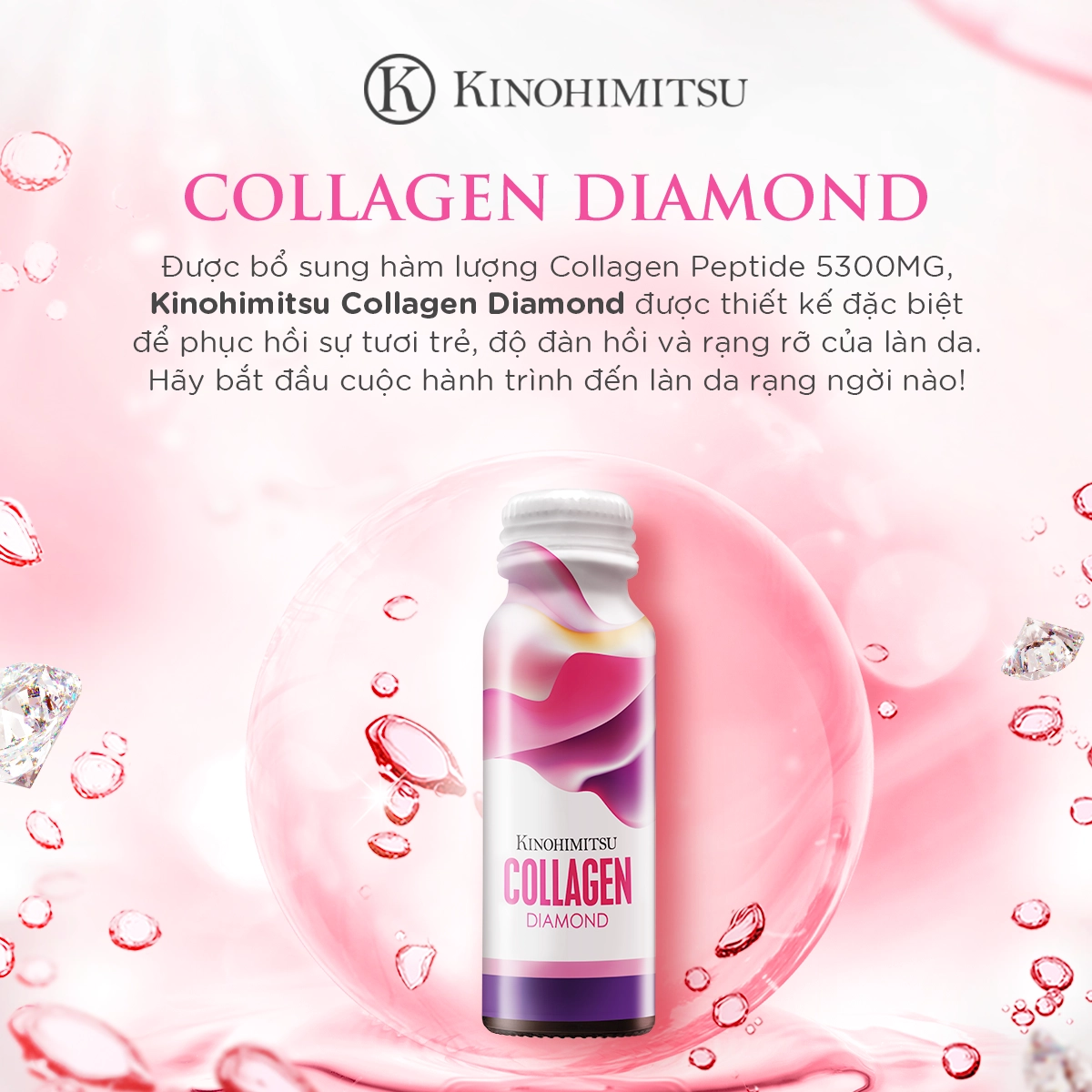 Nước uống đẹp da Kinohimitsu J`pan Collagen Diamond 5300 Drink (Hộp 10 chai x 50 ml)