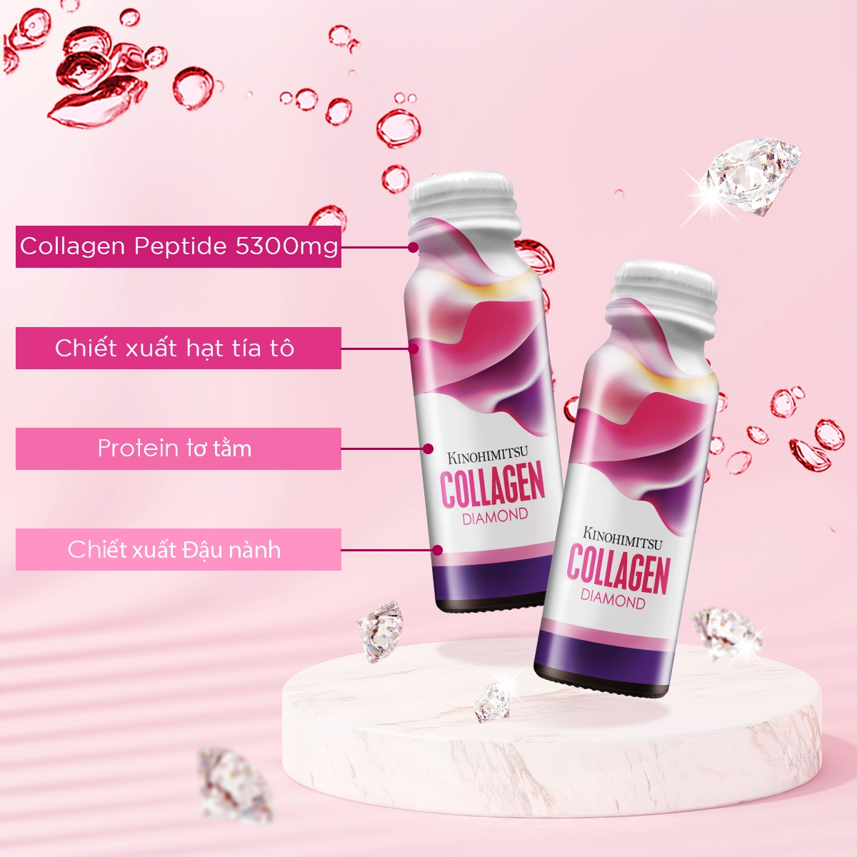 Nước uống đẹp da Kinohimitsu J`pan Collagen Diamond 5300 Drink (Hộp 10 chai x 50 ml)