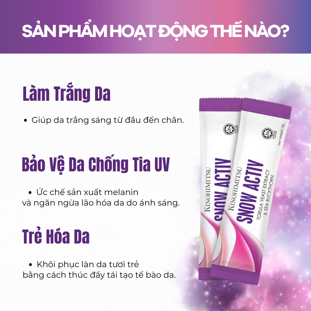 Bột uống trắng da, phục hồi da sẫm màu Kinohimitsu Snow Activ 5.5g x 30 gói