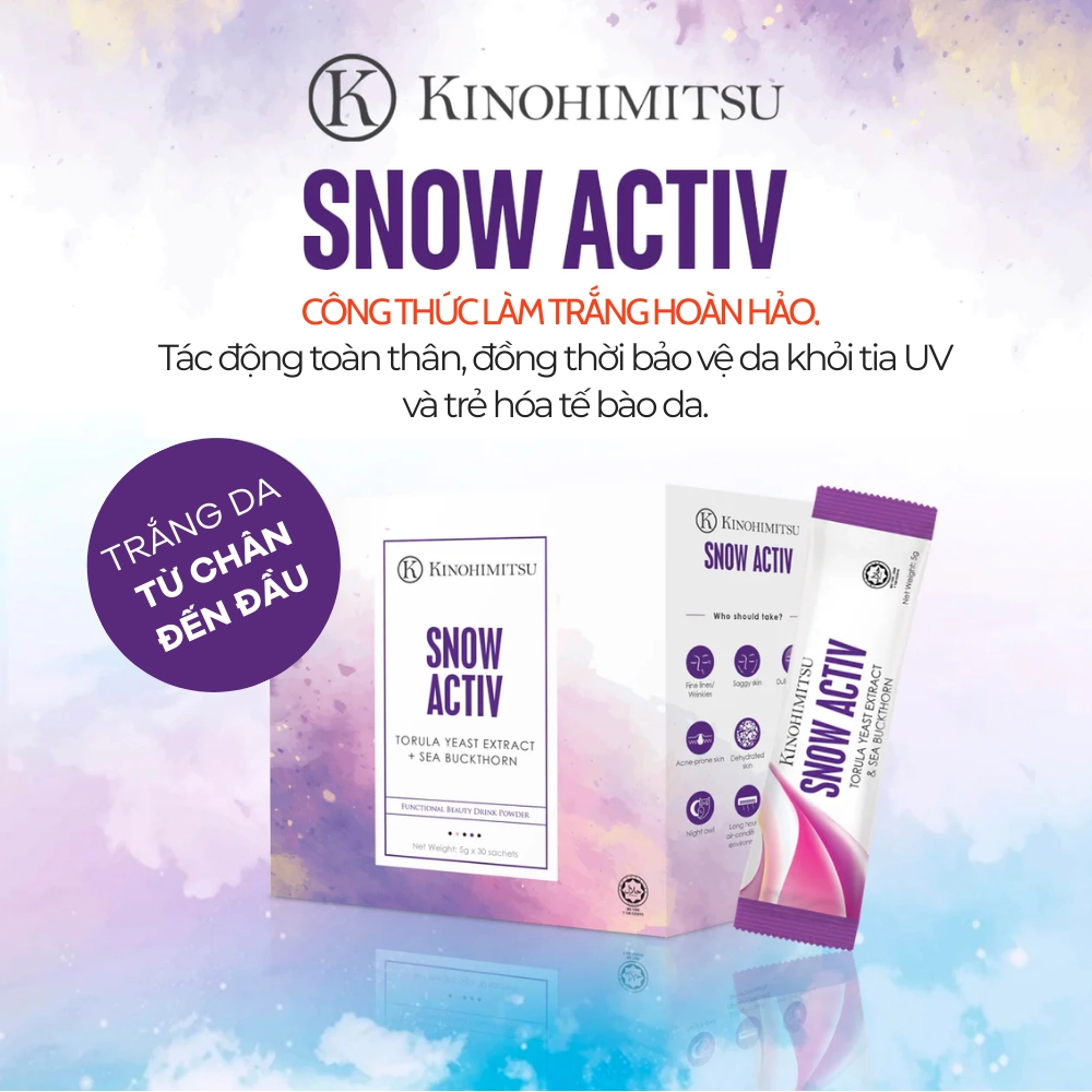 Bột uống trắng da, phục hồi da sẫm màu Kinohimitsu Snow Activ 5.5g x 30 gói