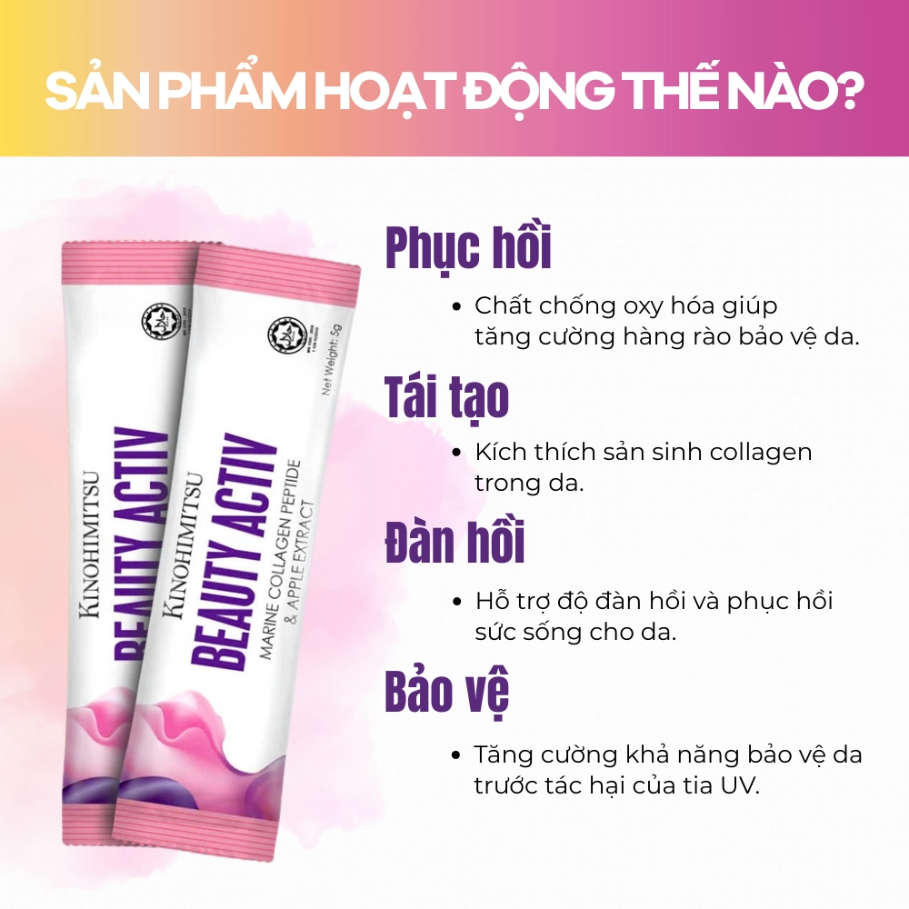 Bột uống chống lão hóa, da sáng và đều màu Kinohimitsu Beauty Activ 5g x 30 gói