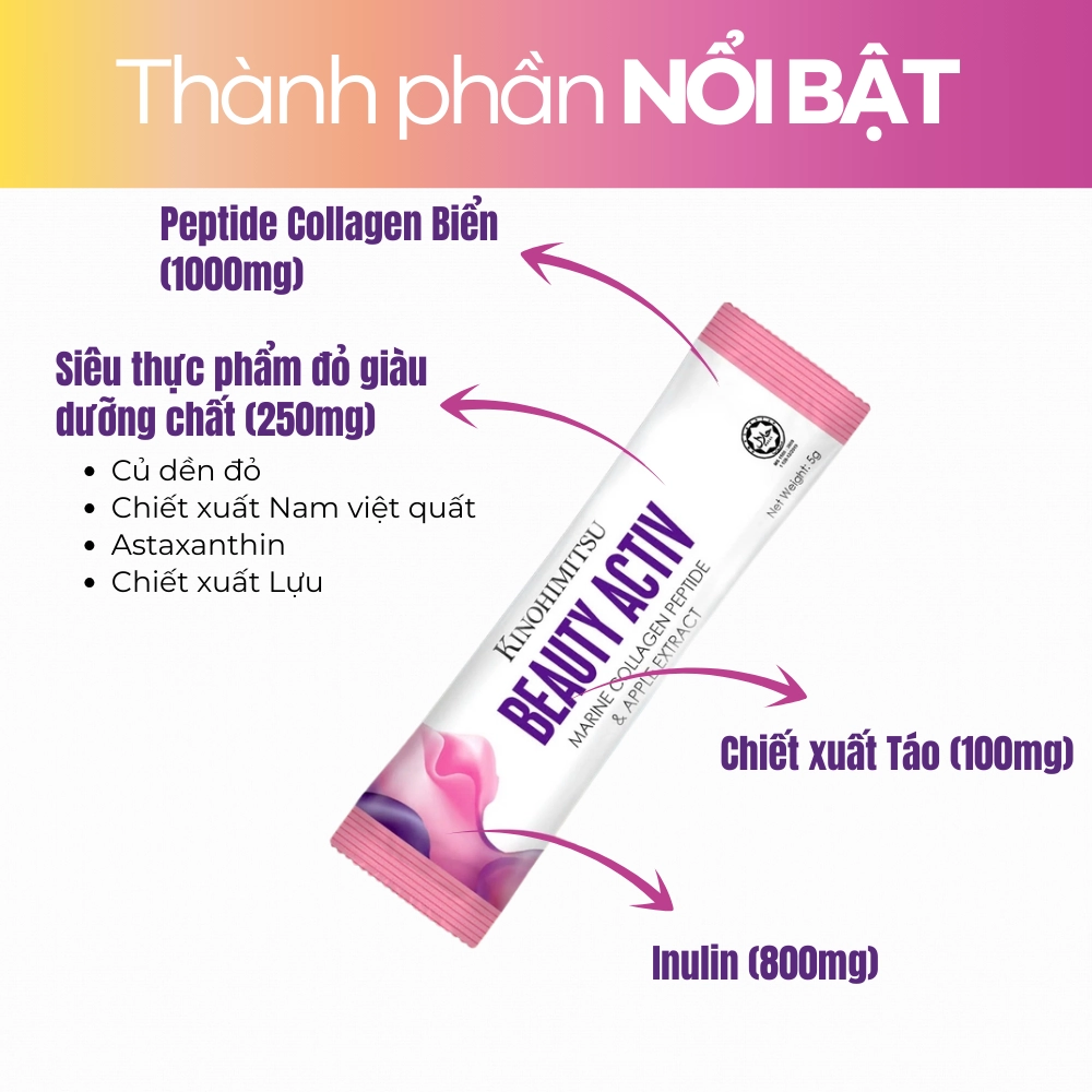 Bột uống chống lão hóa, da sáng và đều màu Kinohimitsu Beauty Activ 5g x 30 gói