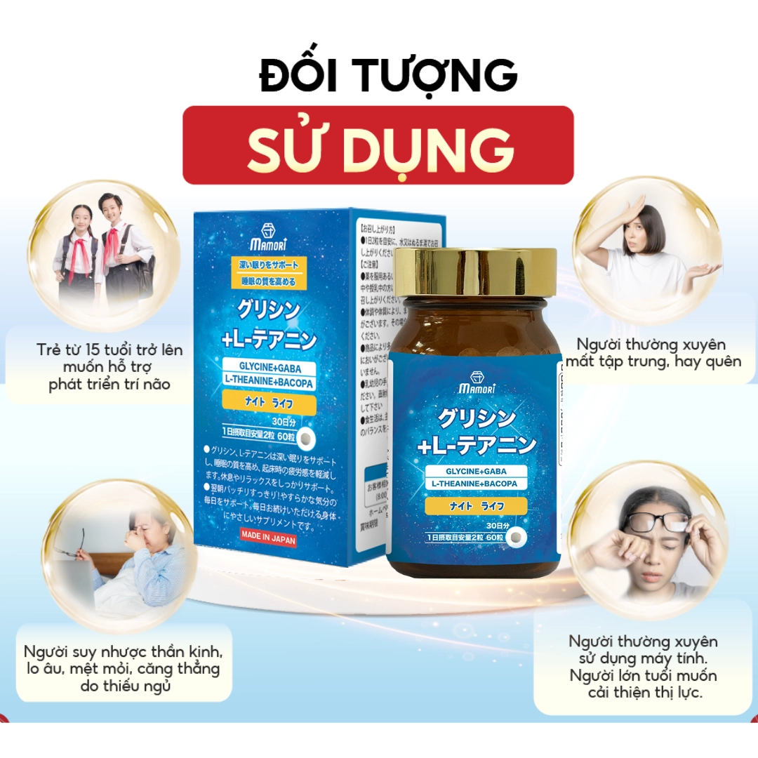Viên uống hỗ trợ ngủ ngon Mamori Glycine L-theanine - Hộp 60 viên