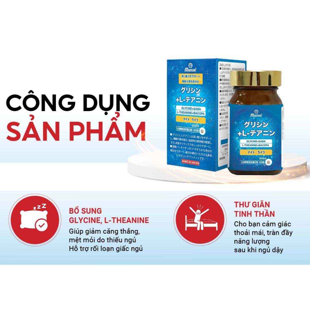 Viên uống hỗ trợ ngủ ngon Mamori Glycine L-theanine - Hộp 60 viên