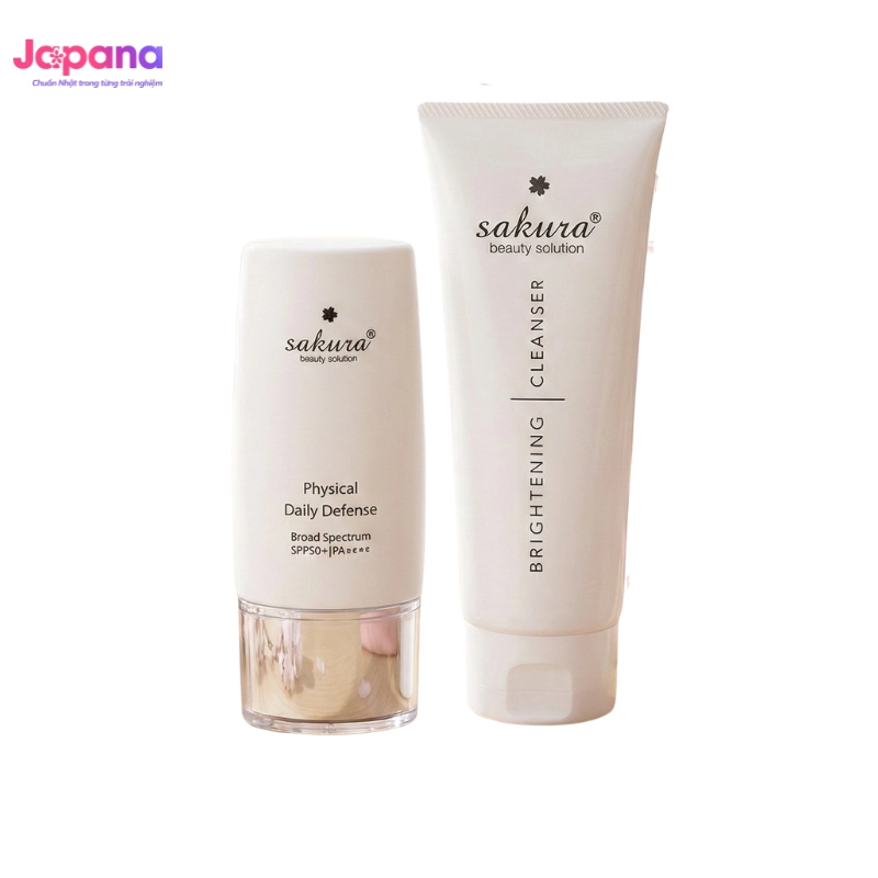 Combo Chống nắng & Làm sạch da Sakura Physical Daily Defense SPF50+ PA++++ 60g & Sakura Brightening Cleanser 100ml