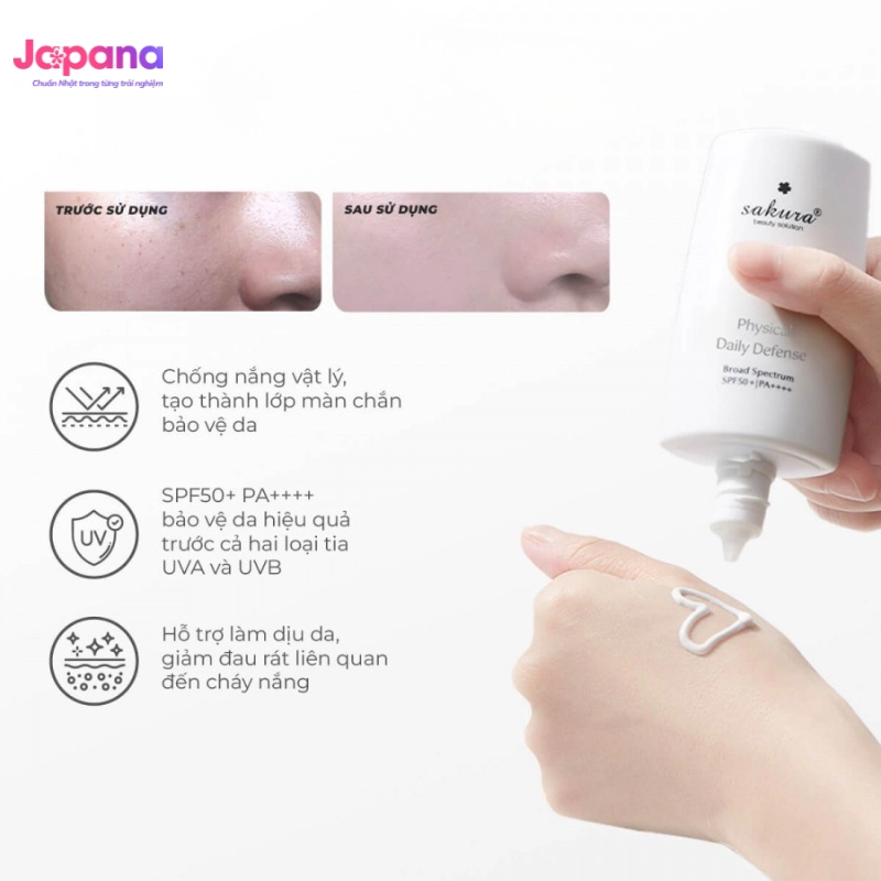 Combo Chống nắng & Làm sạch da Sakura Physical Daily Defense SPF50+ PA++++ 60g & Sakura Brightening Cleanser 100ml