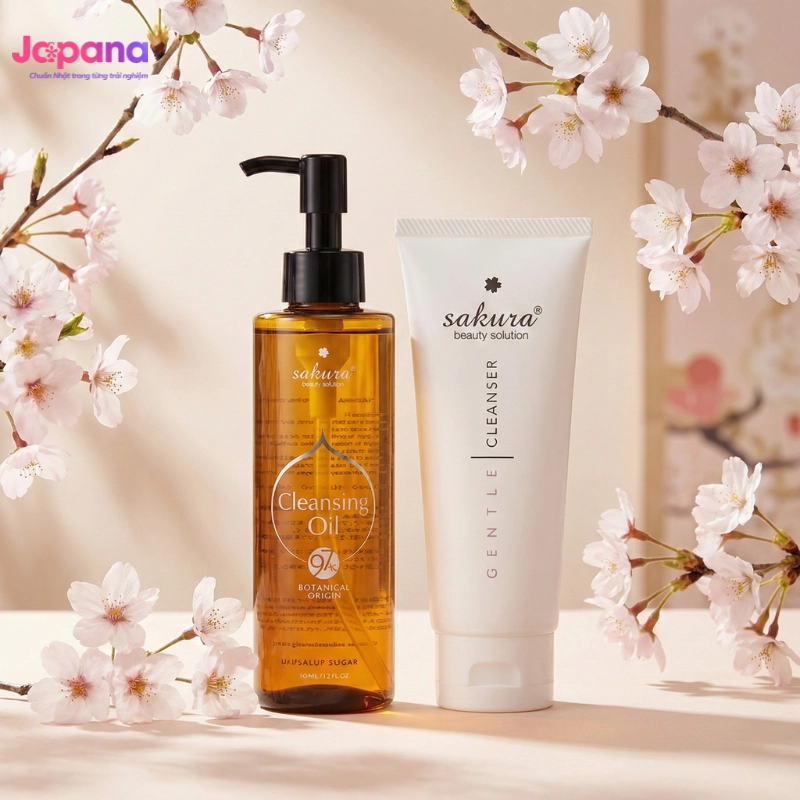 Combo Tẩy trang & Làm sạch da nhạy cảm Sakura Cleansing Oil 150ml (Date 09/27) & Sakura Gentle Cleanser 100ml (Date 07/30) 