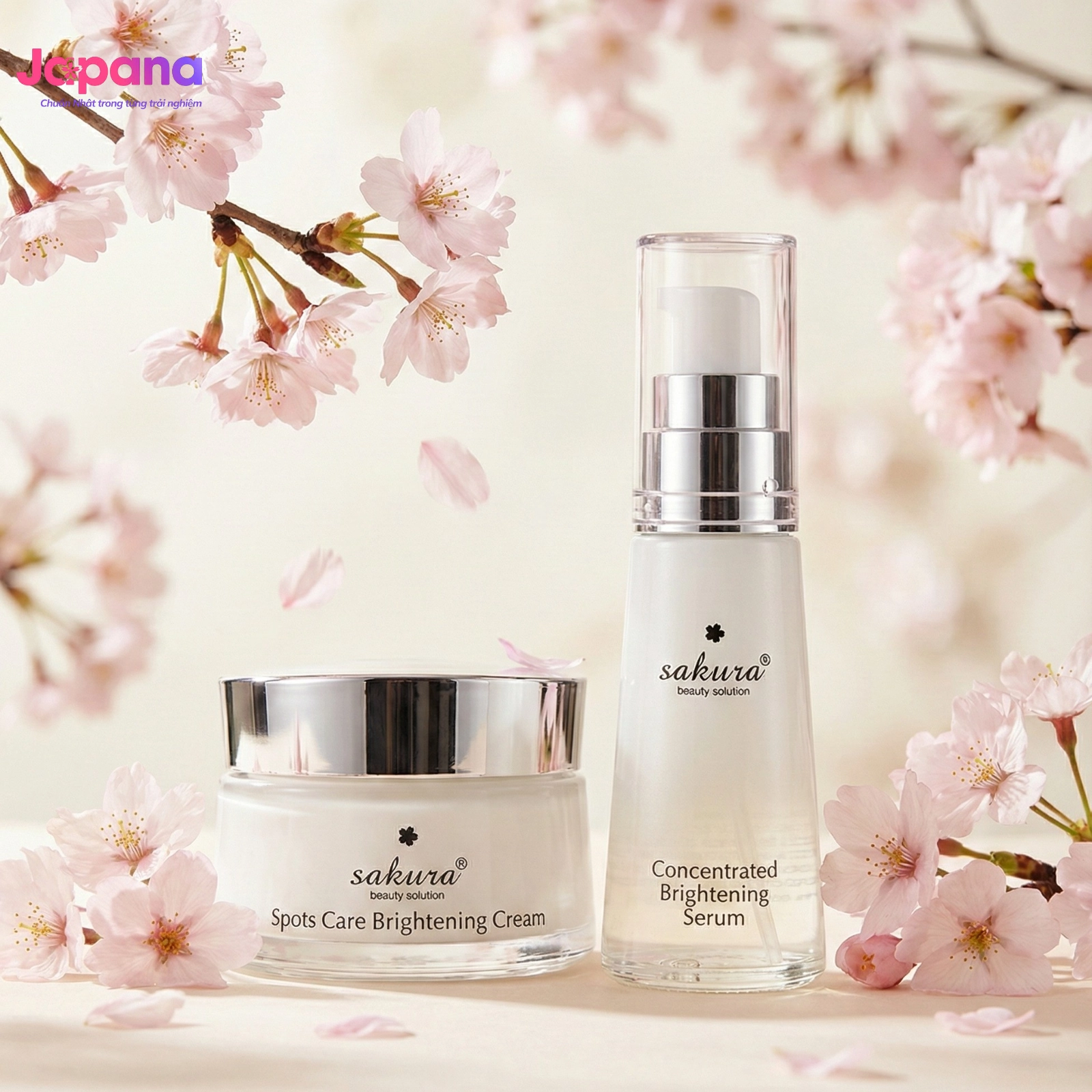 Combo 2 sản phẩm dưỡng trắng Sakura Spots Care Brightening Cream 45g (Date 08/27) và Concentrated Brightening Serum 30ml  (Date 01/27)